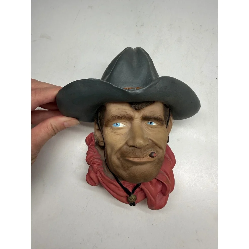 Vintage Cowboy Wall Bust Western Outlaw Decor Chalkware Plaque Cigar Bandana